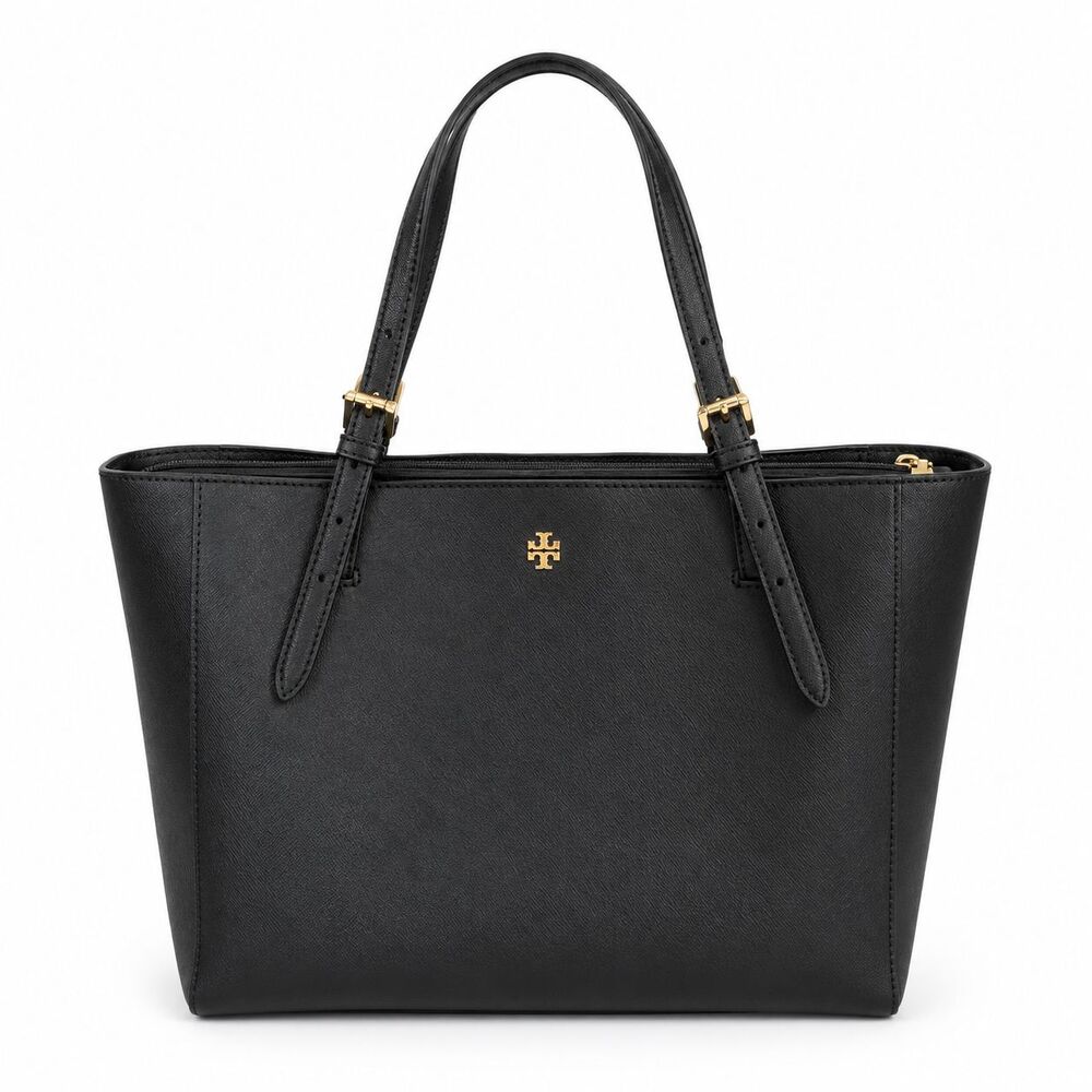 Tory Burch Black Saffiano Leather Tote Bag Triple Compartment Gold Logo Shoulder